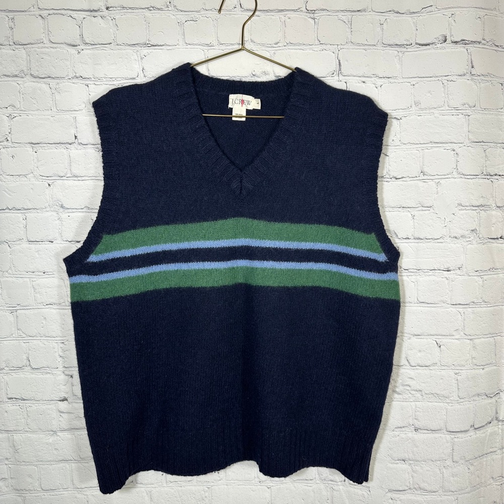 J.Crew Mens Navy Blue 100% Wool Striped V-Neck Sweater Vest Large